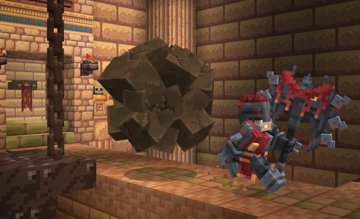 Aventurier en armure noire échappant à un piège de rocher géant dans un donjon du mod Minecraft SoulSteel.