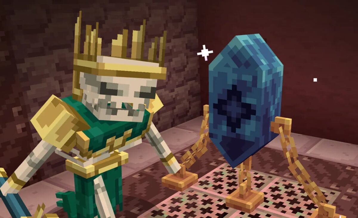 Roi squelette vêtu d’or protégeant un cristal bleu mystérieux dans le mod Minecraft SoulSteel.