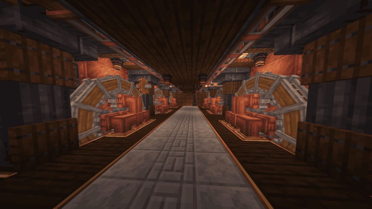 Salle d’ingénierie remplie de turbines et de machines en cuivre dans le modpack Minecraft All Of Create.