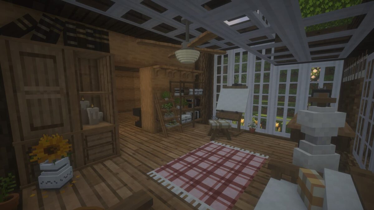 salon en bois clair dans le modpack Minecraft BigChadGuys Plus avec verrière, plantes et chevalet de peinture
