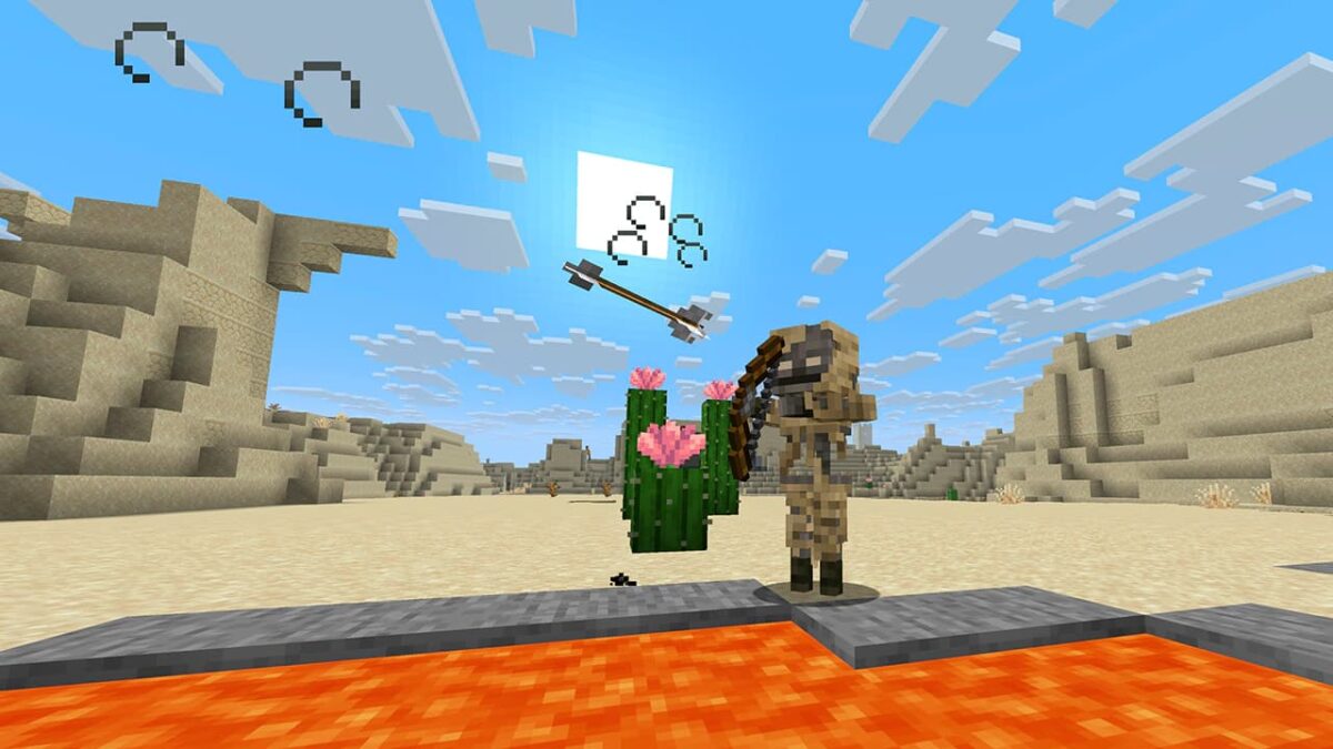 Squelette Parched dans Minecraft tirant à l’arc sous le soleil du désert, nouveau mob hostile introduit dans la mise à jour Mounts of Mayhem.