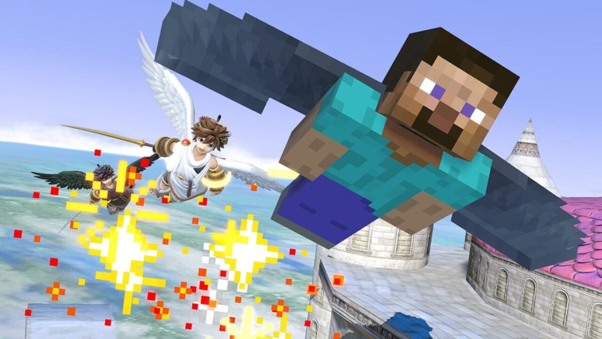 Steve de Minecraft effectuant une attaque aérienne dans Super Smash Bros. Ultimate, face à Pit et Dark Pit, avec des effets de pixels et d’explosions.