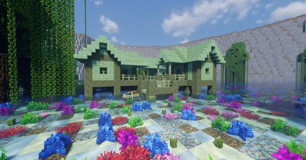 cabanes sur pilotis Swamp Huts dans la carte The Zombie Apocalypse X pour Minecraft entourées de coraux colorés