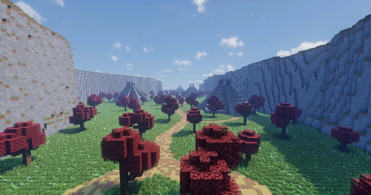 vallée cachée The Hidden Valley dans la carte The Zombie Apocalypse X pour Minecraft avec arbres rouges et temples anciens