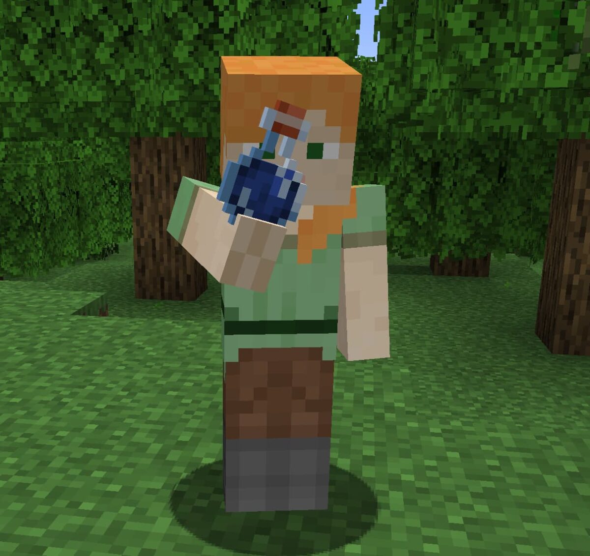 mod Minecraft Not Enough Animations illustrant l’animation de boire une potion bleue en troisième personne dans un décor forestier