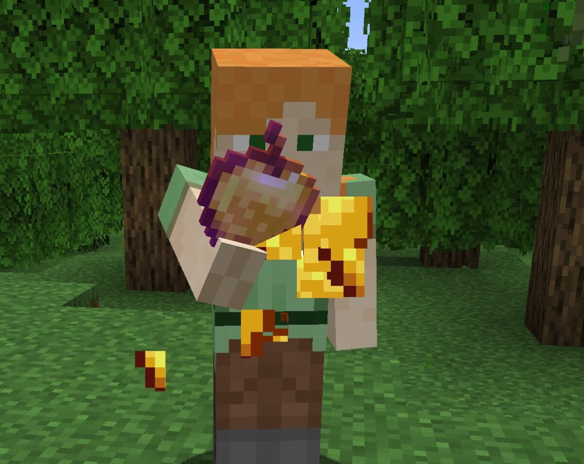 mod Minecraft Not Enough Animations montrant l’animation détaillée du personnage en train de manger une pomme dorée en forêt