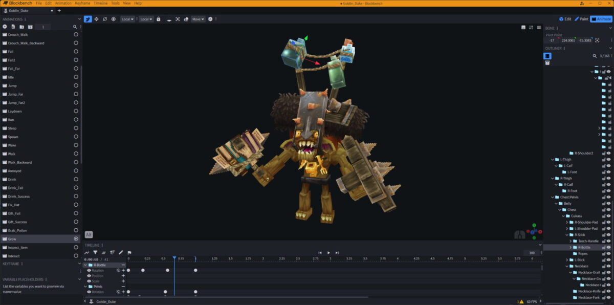 Aperçu des animations du Goblin Duke dans Blockbench, avec timeline, keyframes et contrôles de squelette pour les mouvements dans Hytale.