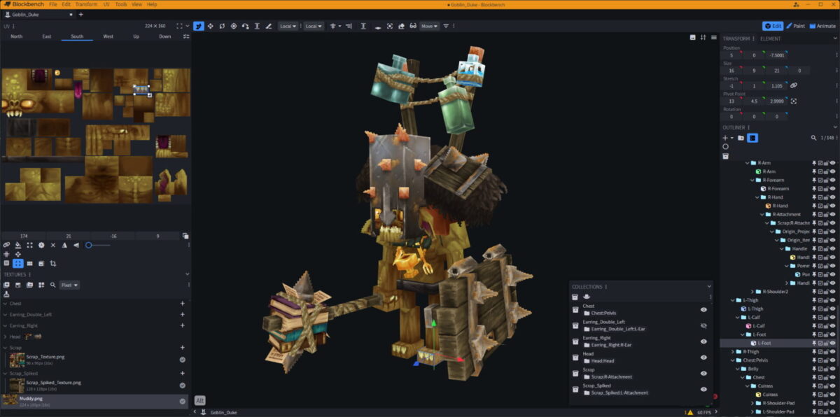 Édition du modèle 3D Goblin Duke dans Blockbench, avec affichage des textures, des éléments du rig et de la zone de peinture, utilisé pour la création d’assets Hytale.