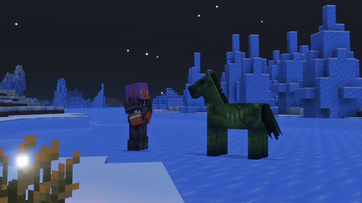 cheval zombie dans Minecraft face a un personnage equipe d’une armure dans la mise à jour Mounts of Mayhem