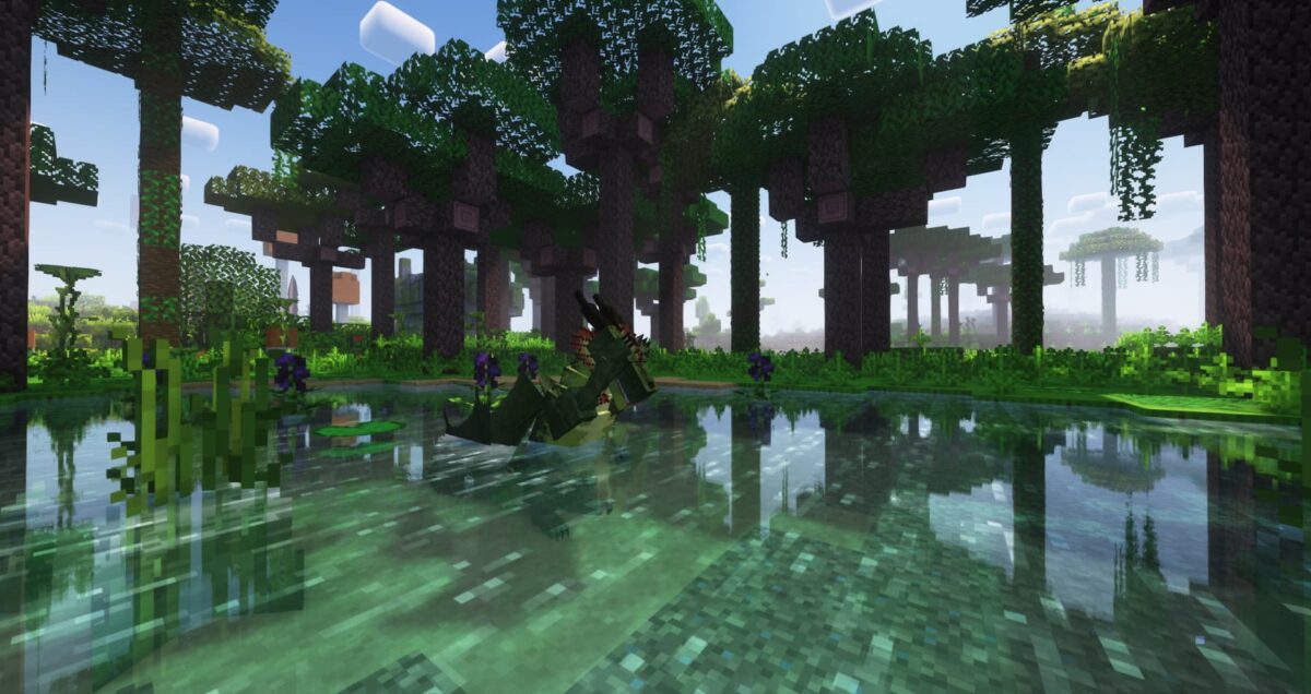 dragon de mer nageant dans une forêt tropicale dans le mod Minecraft Dragon Survival