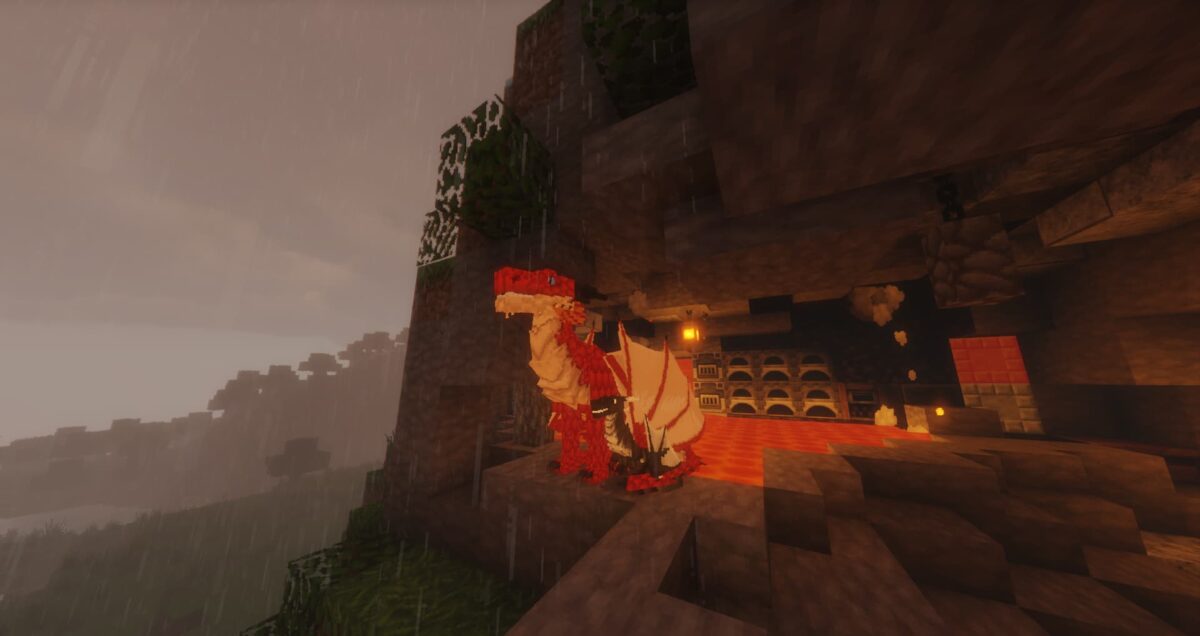 dragon adulte et bébé dragon abrités dans une grotte sous la pluie dans le mod Minecraft Dragon Survival