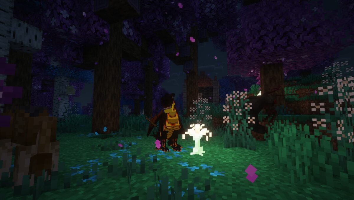 dragon de forêt éclairé par une fleur lumineuse dans le mod Minecraft Dragon Survival