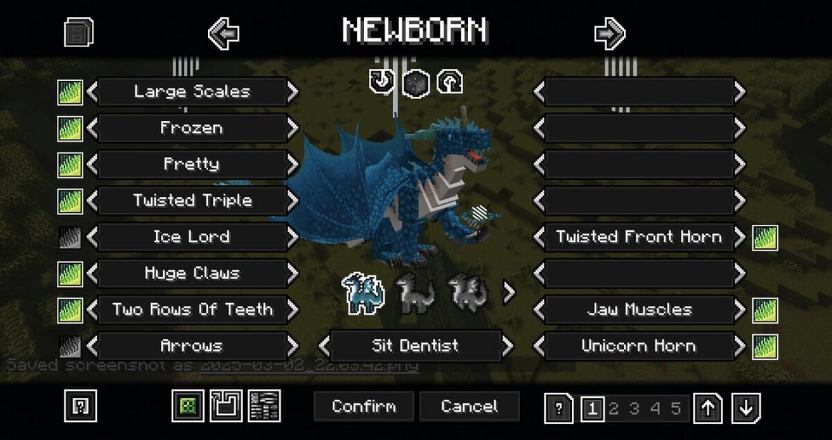 éditeur de dragon avec options de cornes, griffes et écailles dans le mod Dragon Survival