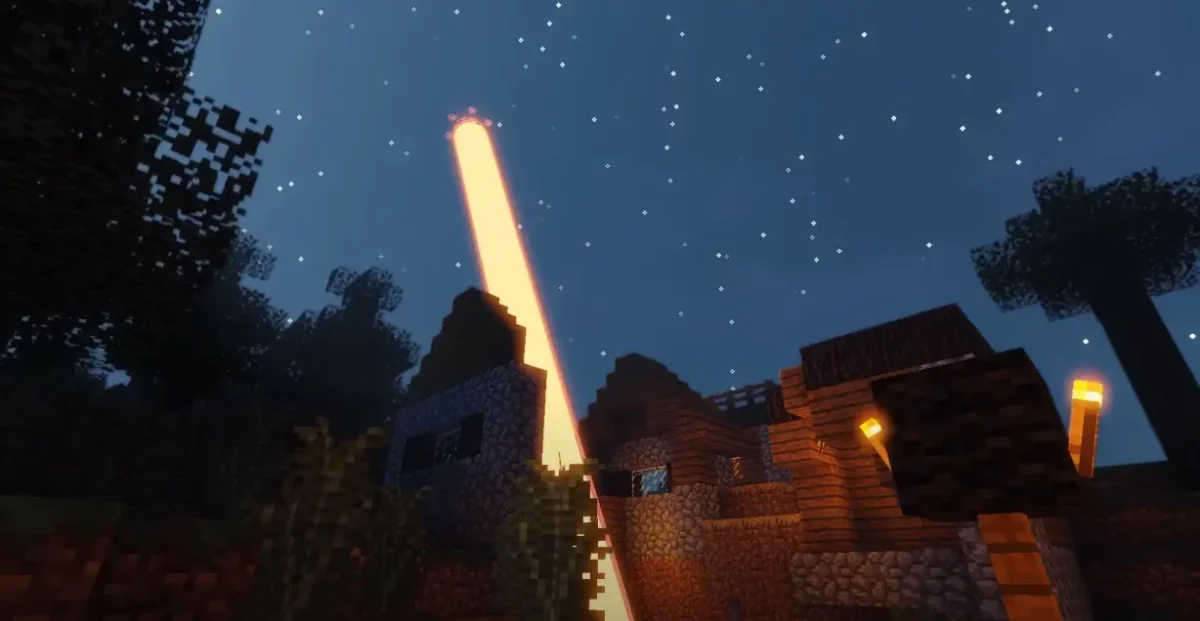mod Minecraft Mahou Tsukai faisceau magique lumineux tir verticalement dans un village au crepuscule
