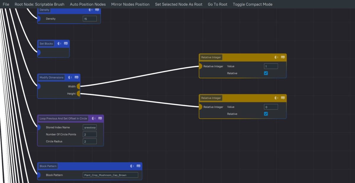 Interface du Hytale Node Editor montrant la configuration d’un Scriptable Brush avec les blocs Modify Dimensions, Relative Integer et Loop Offset, utilisée pour ajuster largeur et hauteur d’une structure avant génération.