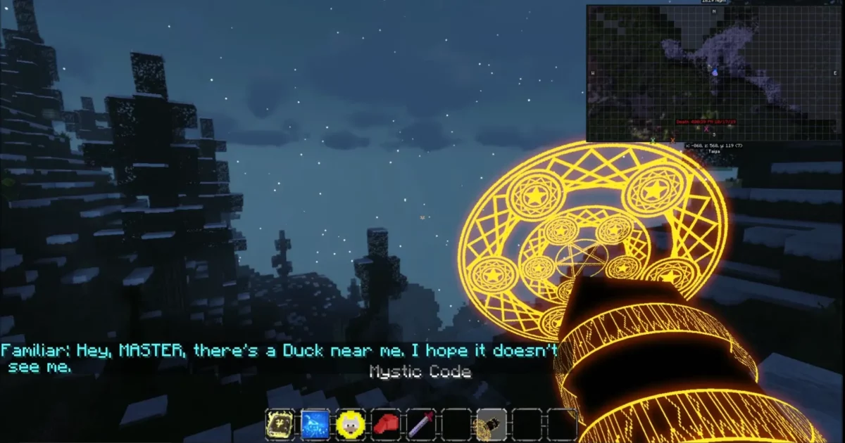 mod Minecraft Mahou Tsukai mystic code cercle magique jaune utilise dans une foret enneigee avec familiar qui parle
