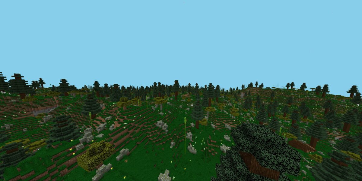 mod Minecraft Solara Dimension panorama foret vallonnée avec vegetation dense et ciel clair