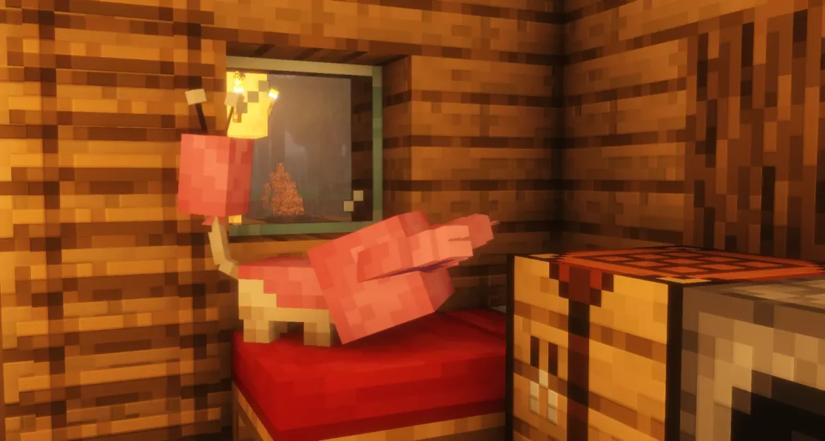 pokemon rose allthemobs cabane lit datapack minecraft creature cobblemon allongee dans une maison en bois