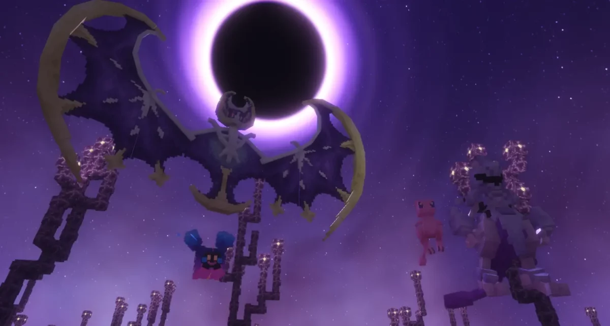 pokemons allthemobs cobblemon datapack minecraft creatures volantes devant une eclipse dans un paysage nocturne