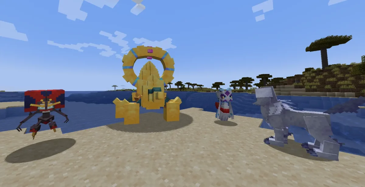 pokemons allthemobs plage cobblemon datapack minecraft creatures variees sur une plage sous un ciel clair