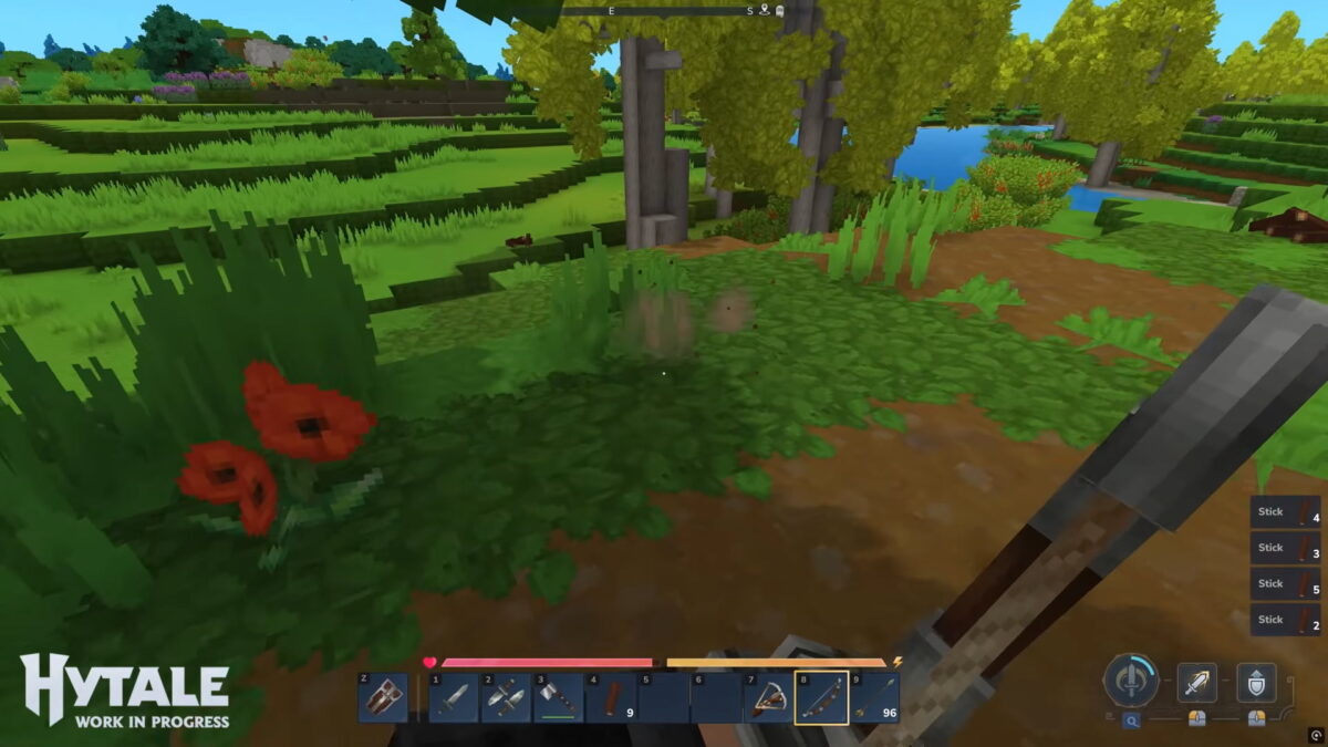 Récolte de ressources dans Hytale avec vue sur végétation dense et interface de craft en bas d’écran, gameplay brut.