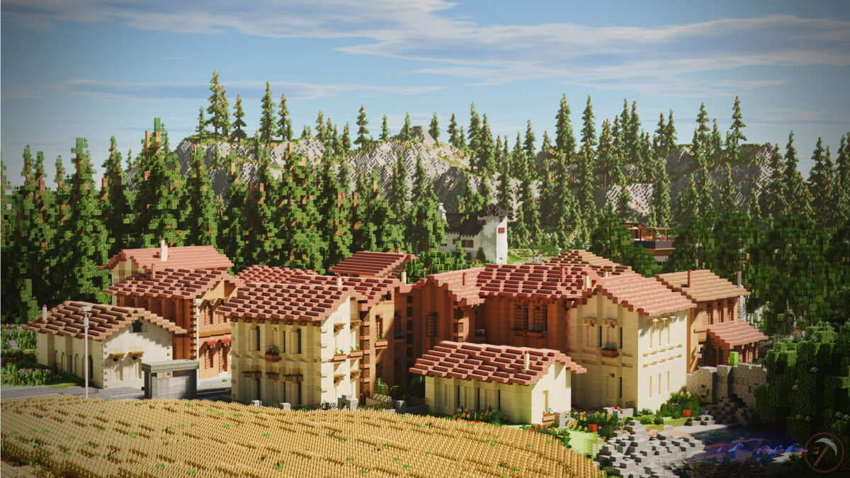 Village de La Terre des Déter dans Minecraft, entouré de vignobles et de forêts, avec des bâtiments en tuiles ocres.