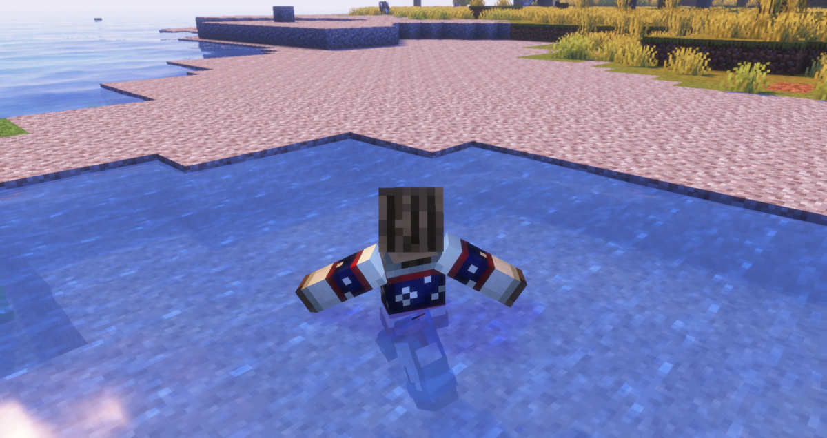 Pack de texture Minecraft Detailed Animations montrant l’animation de déplacement dans l’eau, avec le personnage partiellement immergé et les bras positionnés de façon plus naturelle.