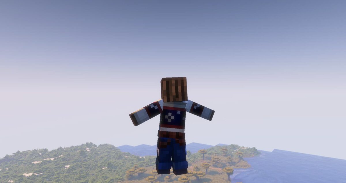 ack de texture Minecraft Detailed Animations illustrant une animation en plein vol, avec le personnage suspendu dans les airs au-dessus d’un paysage.