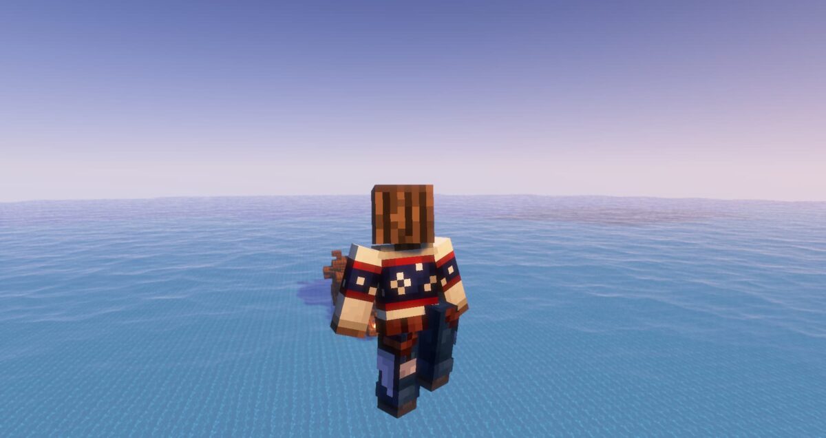 Pack de texture Minecraft Detailed Animations montrant l’animation de vol horizontal, avec le personnage en posture allongée au-dessus de l’océan.