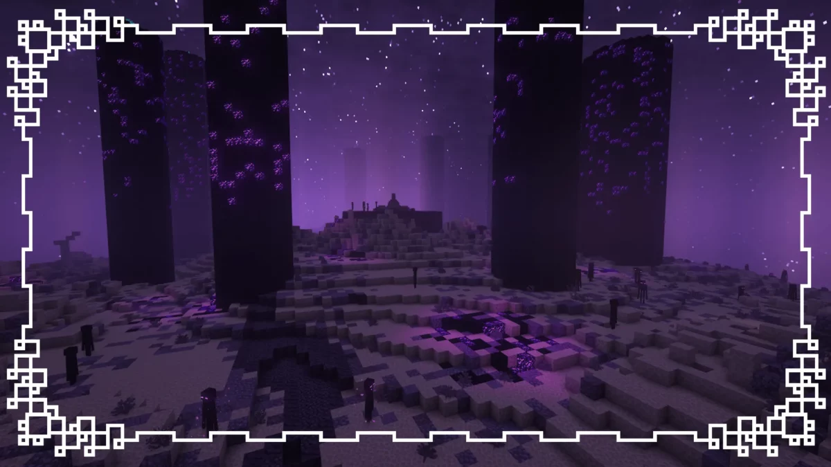 mod Minecraft Stellarity montrant l’arrivée dans l’End avec des piliers altérés, une atmosphère violette et un environnement immédiatement hostile