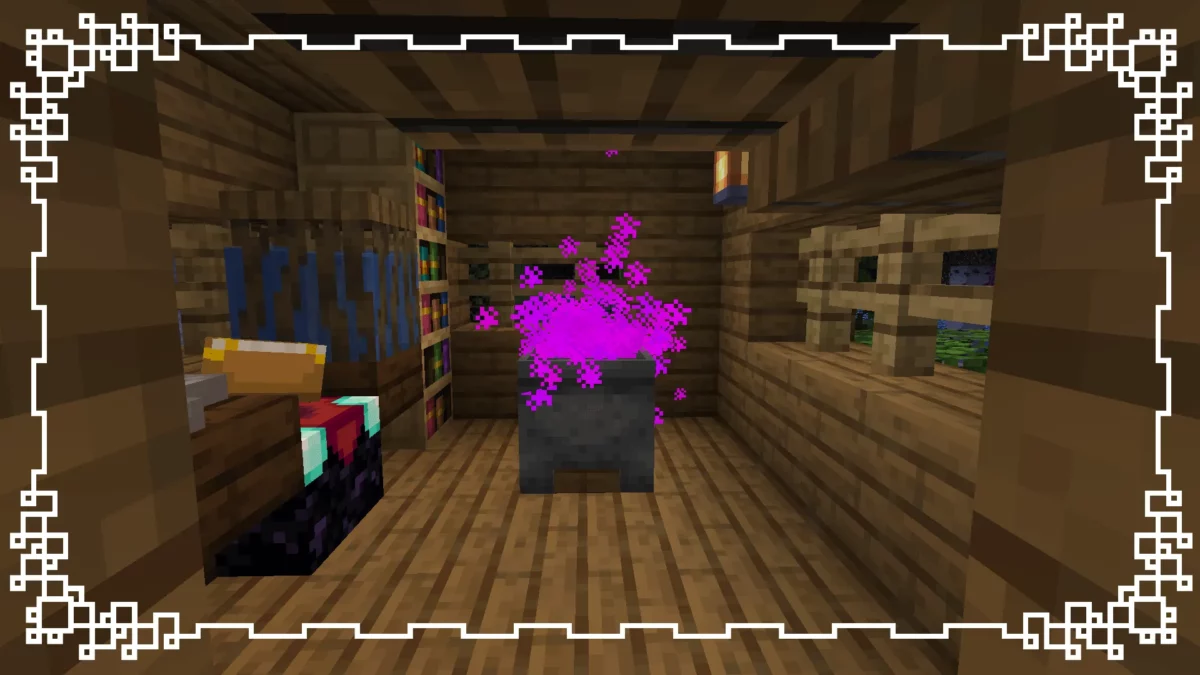 mod Minecraft Stellarity montrant une mécanique d’artisanat par chaudron, avec des particules violettes liées au Breath Crafting