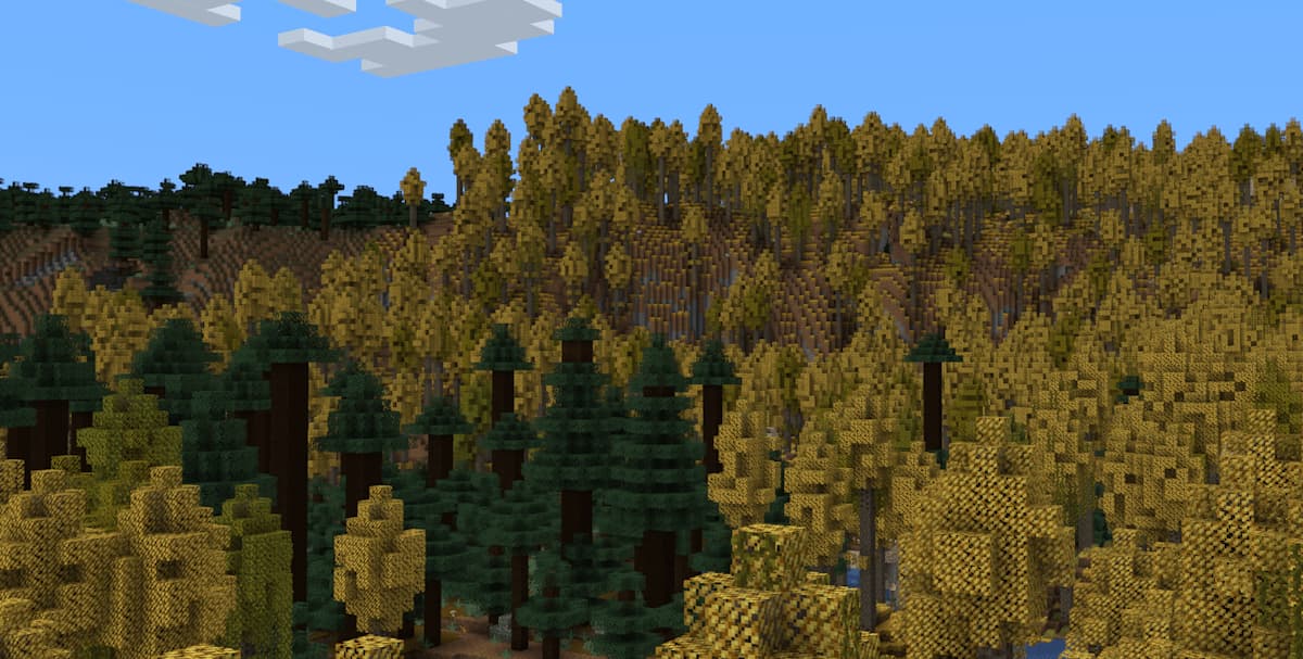 mod Minecraft Atmospheric montrant un biome aspen parkland aux feuillages dorés en transition avec une taïga ancienne