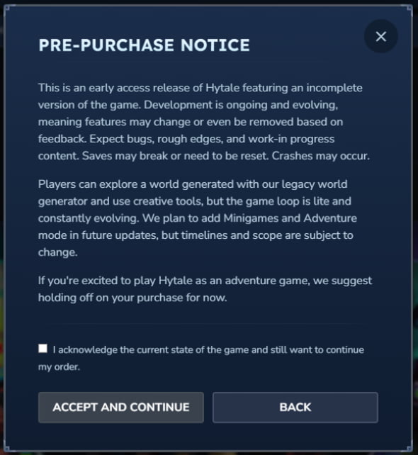 Fenêtre d’avertissement de préachat Hytale indiquant que le jeu est en accès anticipé et encore en cours de développement