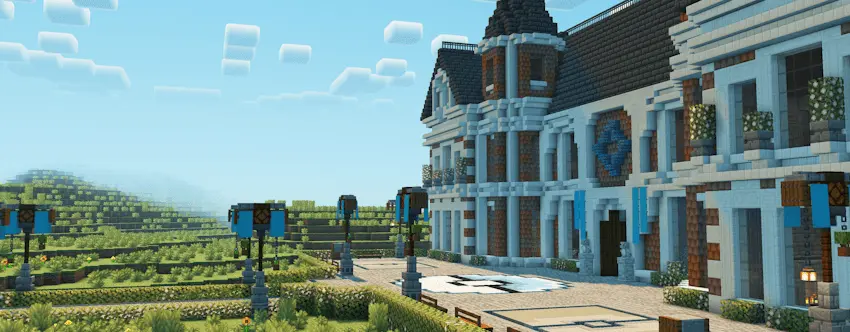 modpack Minecraft Cobblemon Academy batiment principal de l academie avec architecture monumentale et allees amenagees