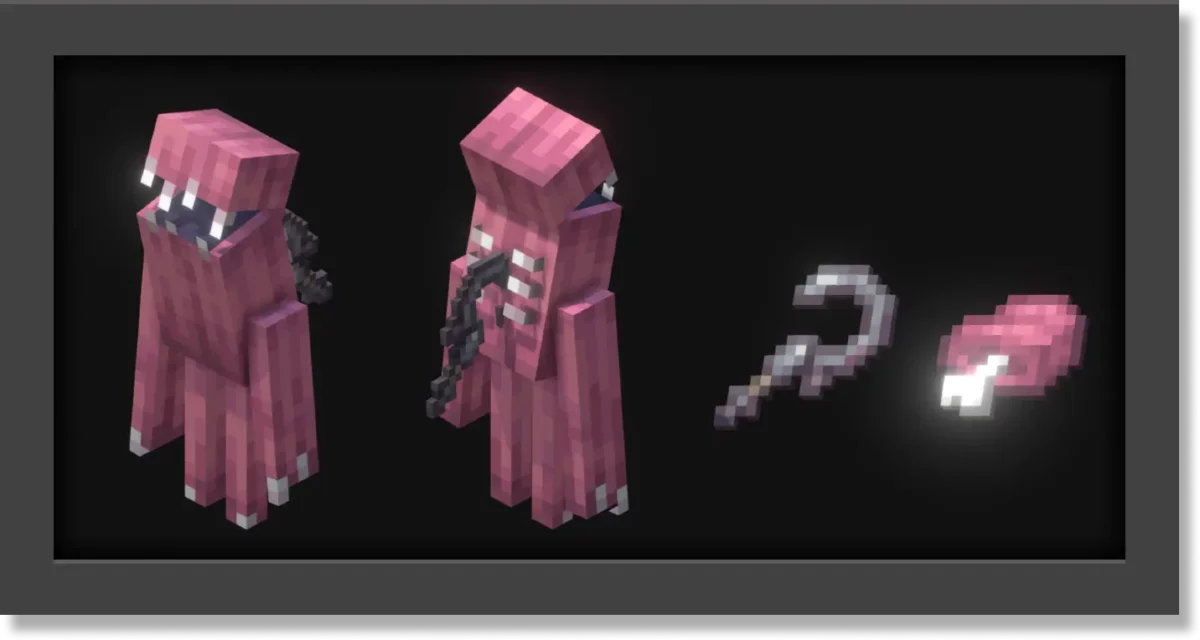 mod Minecraft Sons Of Sins montrant le Betrayed Guzzler, créature nocturne qui laisse tomber une faucille et de la chair de déchéance lors de sa défaite