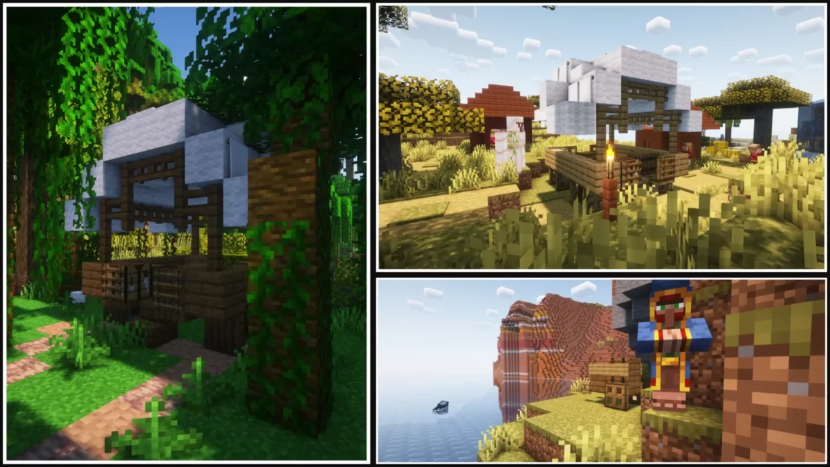 mod Minecraft MVS Moog’s Voyager Structures avec chariots abandonnés et cargaisons laissées sur les routes et reliefs escarpés