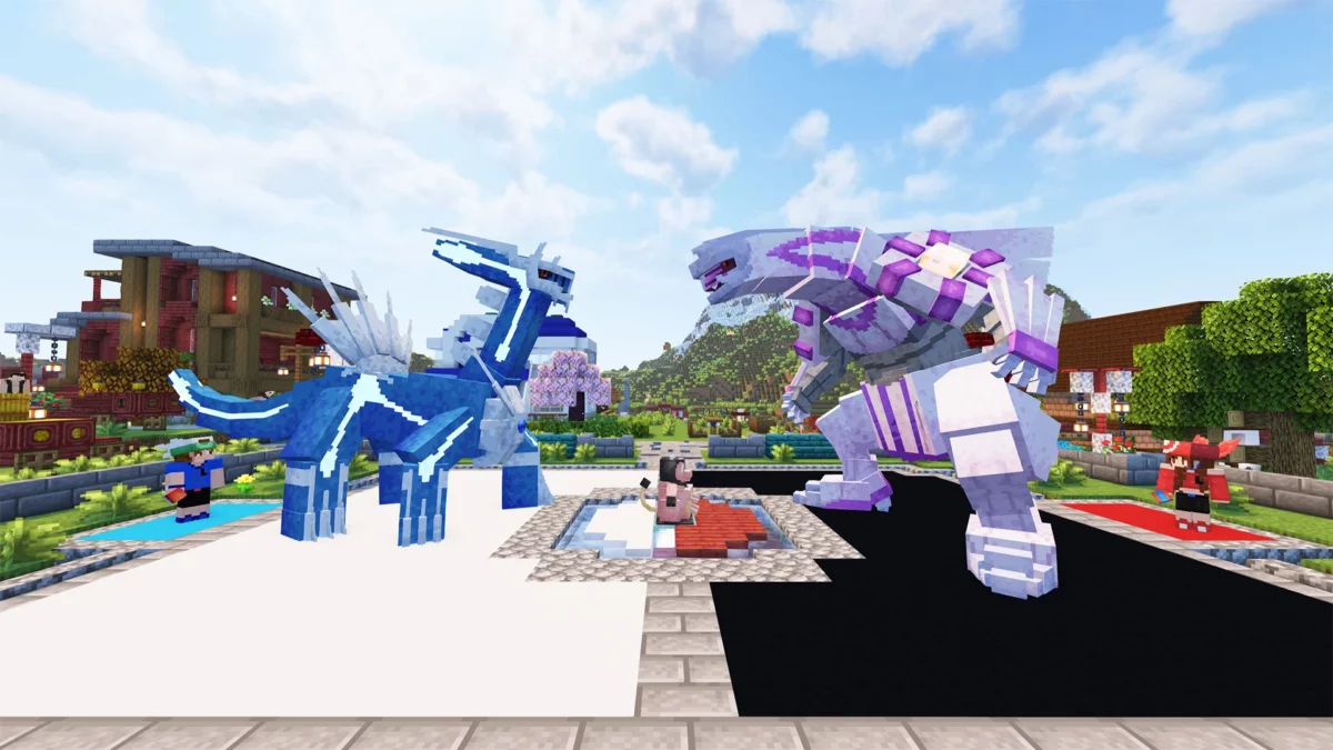 Combat entre Dialga et Palkia intégrés au mod Minecraft COBBLEVERSE avec Pokémon légendaires en affrontement scénarisé