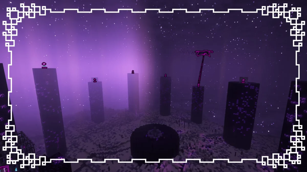 mod Minecraft Stellarity illustrant le combat contre l’Ender Dragon reworké, avec des piliers modifiés et une mise en scène plus dramatique