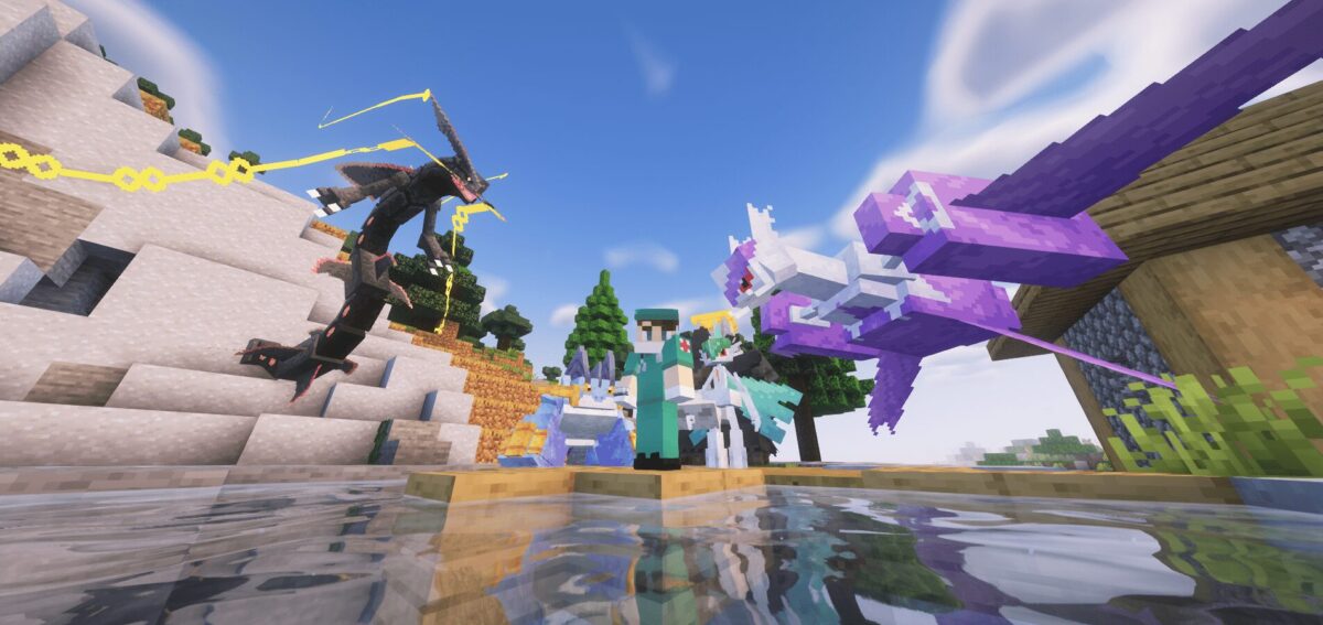 Combat dynamique entre Pokémon Méga et Primal dans le mod Minecraft Cobblemon: Mega Showdown, mettant en scène plusieurs mécaniques de transformation simultanées.