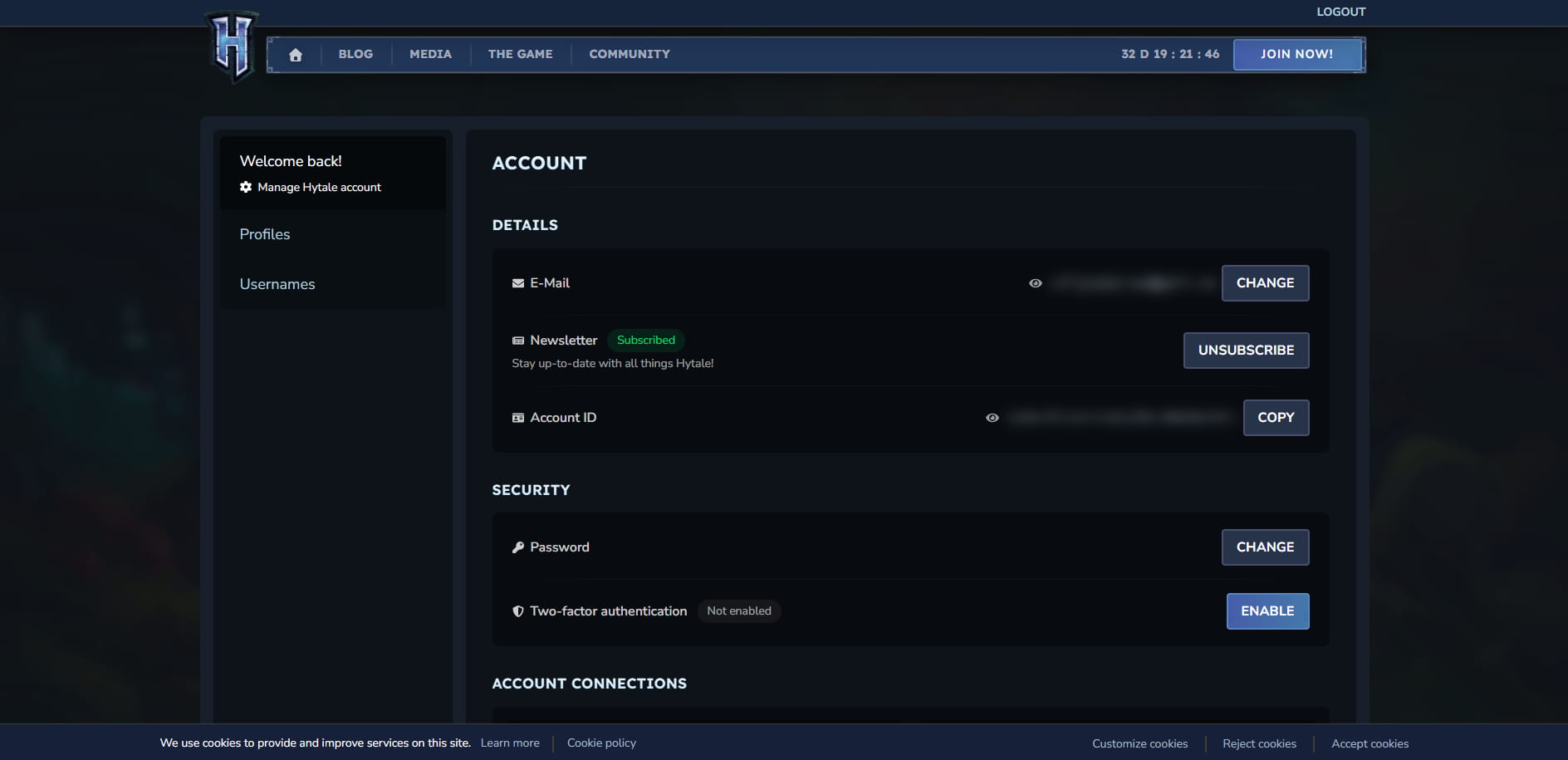 Interface de gestion du compte Hytale affichant les informations de profil et les paramètres de sécurité