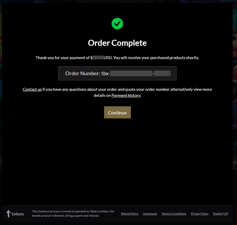Écran de confirmation de commande Hytale indiquant que le paiement a été validé avec un numéro de commande
