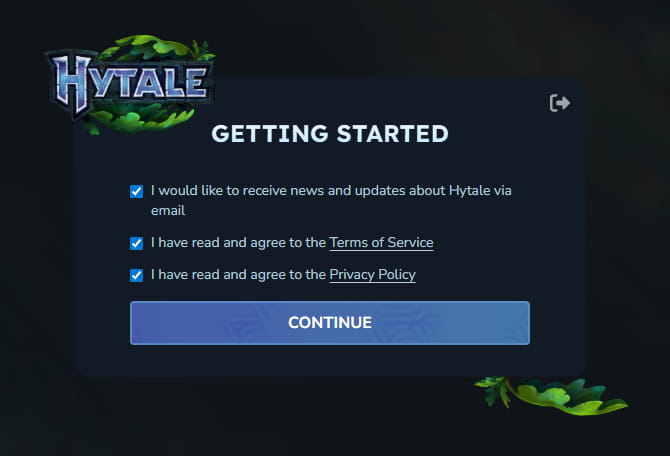Étape de création de compte Hytale avec acceptation des conditions d’utilisation et de la politique de confidentialité