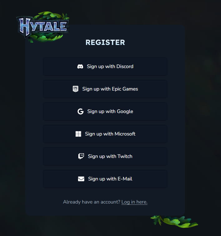 Écran d’inscription Hytale proposant la création de compte via email ou services tiers comme Google ou Discord