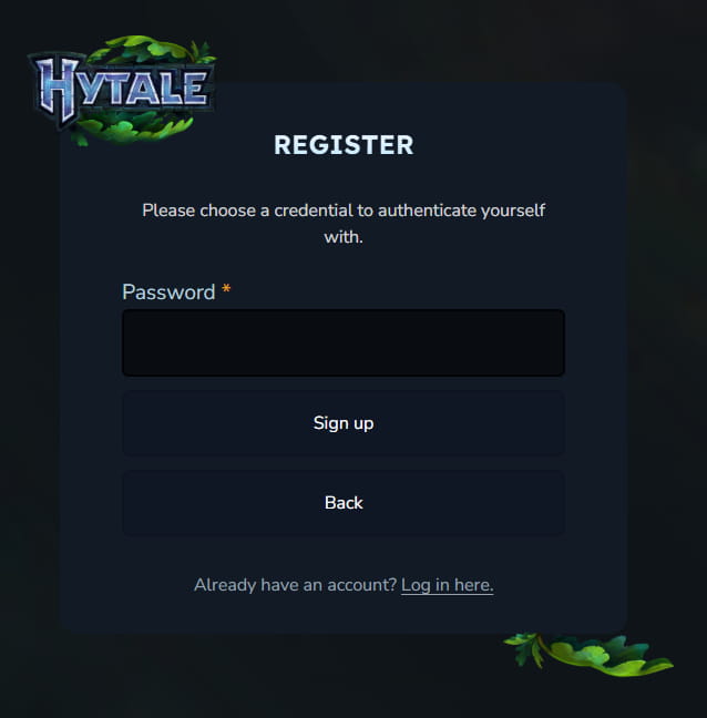 Formulaire Hytale demandant la création d’un mot de passe lors de l’inscription au compte