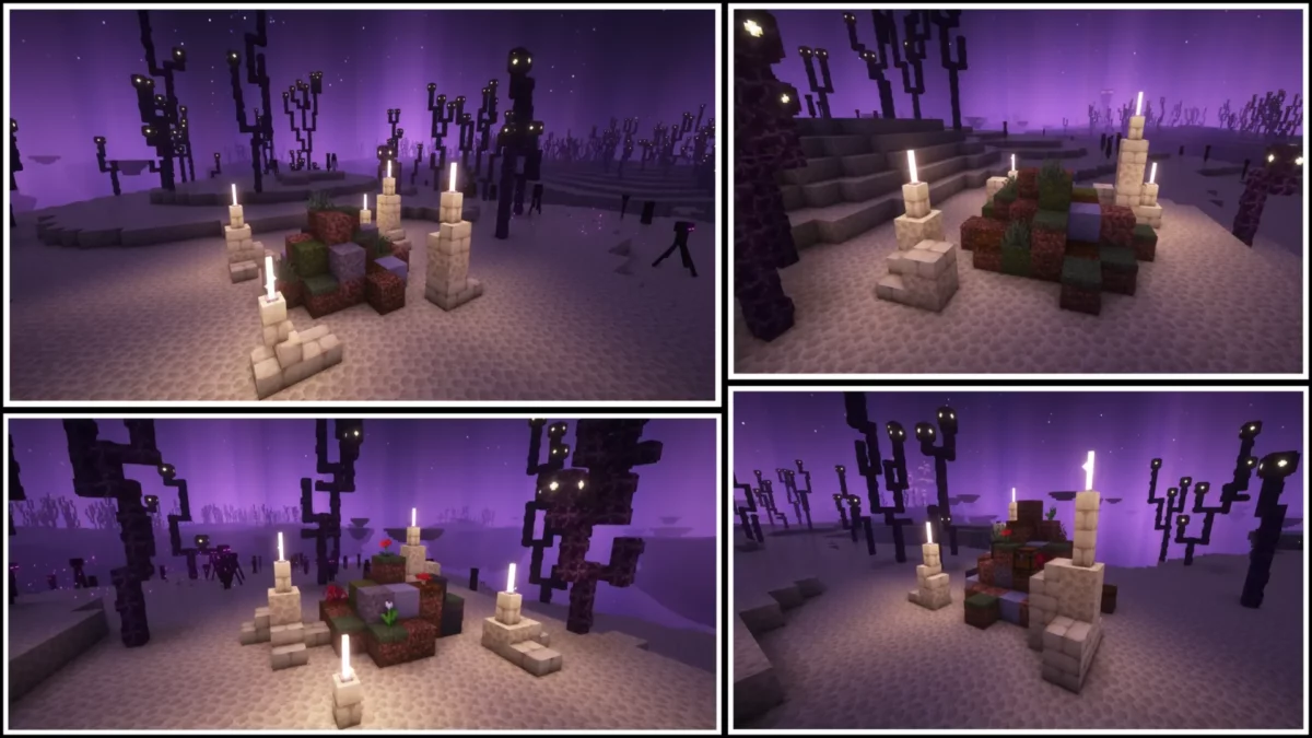 mod Minecraft MVS Moog’s Voyager Structures avec débris rituels et autels improvisés disséminés dans l’End parmi les chorus et les endermen