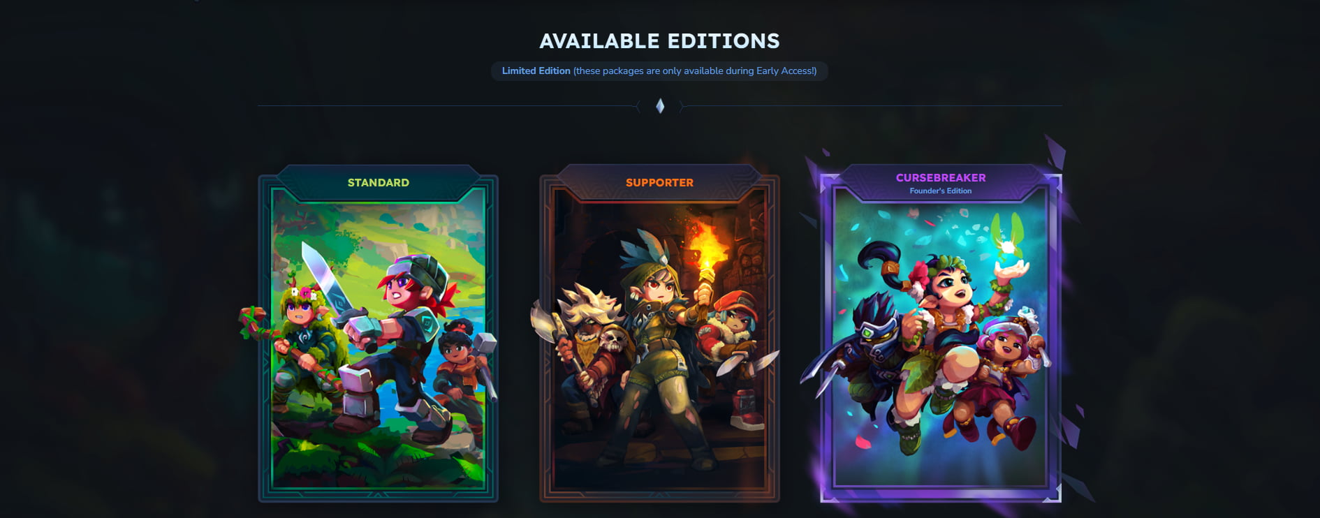 Écran de sélection des éditions Hytale en accès anticipé avec les versions Standard, Supporter et Cursebreaker disponibles à l’achat