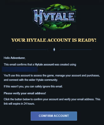 Email de confirmation Hytale contenant le lien pour activer définitivement le compte utilisateur