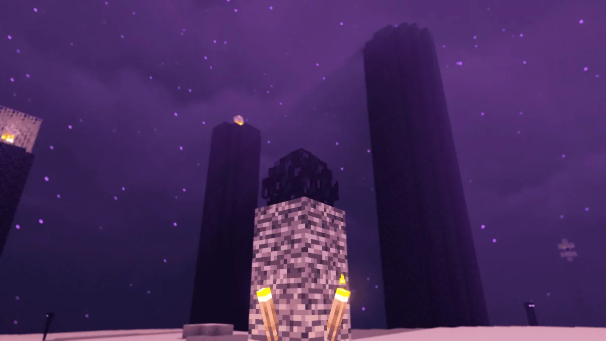 Plateforme de sortie du dragon dans l’End Minecraft, entourée de tours d’obsidienne et d’un ciel violet brumeux généré avec le shader LITE shaders MakeUp edit.