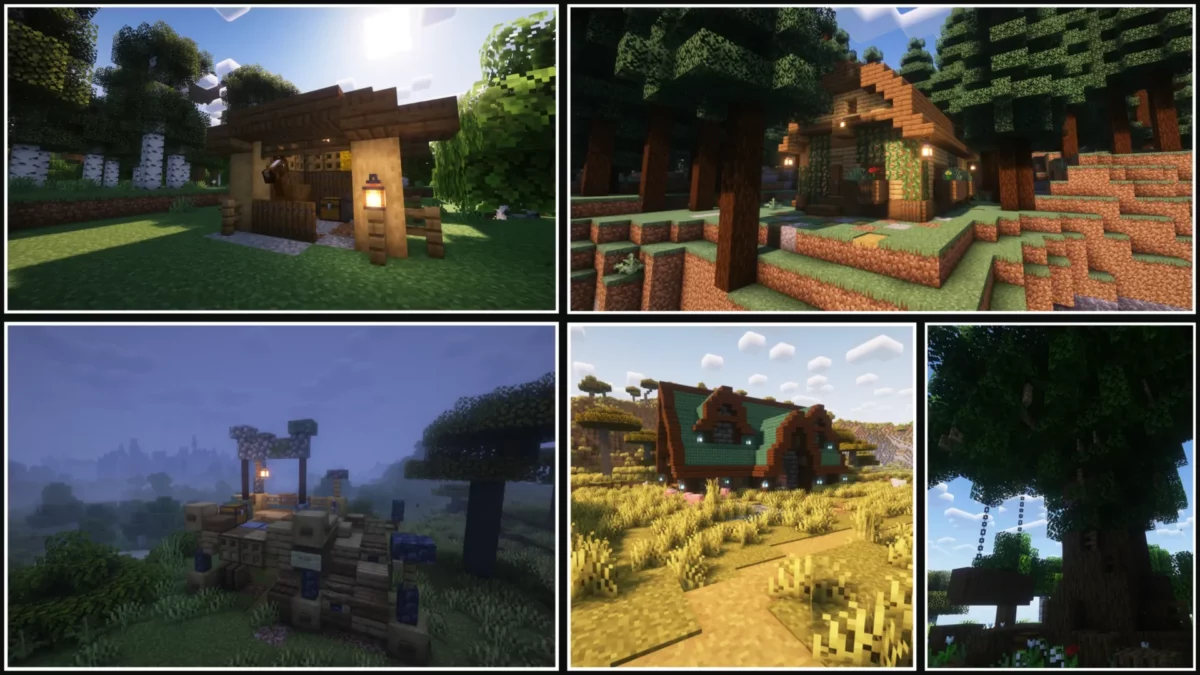 mod Minecraft MVS Moog’s Voyager Structures avec enclos pour chevaux, grange en bois, potence décorative, maison en deepslate et grand arbre intégré au paysage