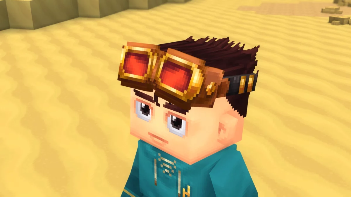Gros plan sur des lunettes Explorer Goggles portées par un personnage Hytale, un accessoire cosmétique exclusif